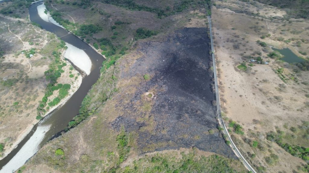 Vista aérea de la franja de terreno afectada por el incendio forestal.