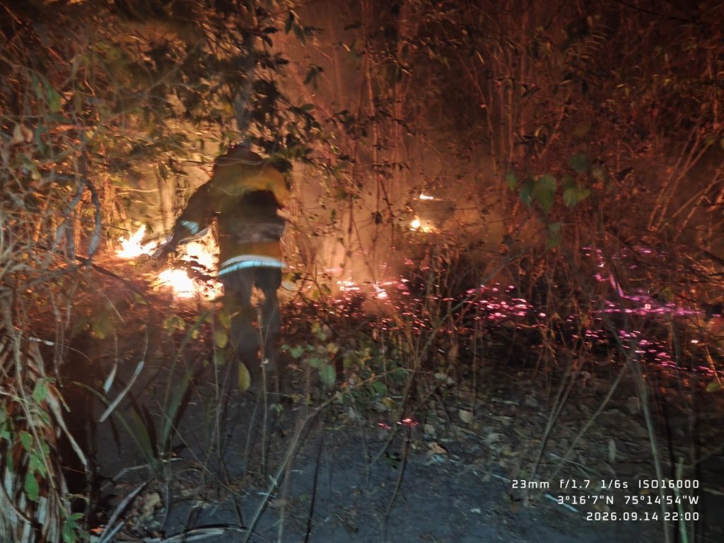 Bombero atendiendo en la noche el incendio Forestal