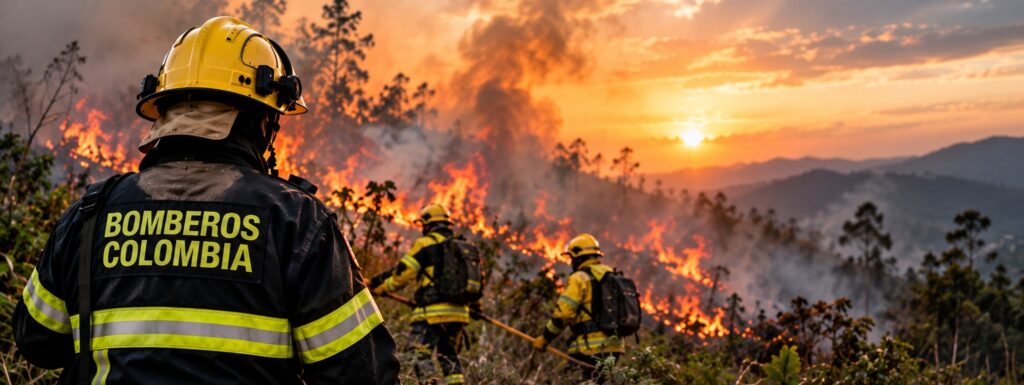 Bomberos de Colombia atendiendo emergencia por incendio forestal